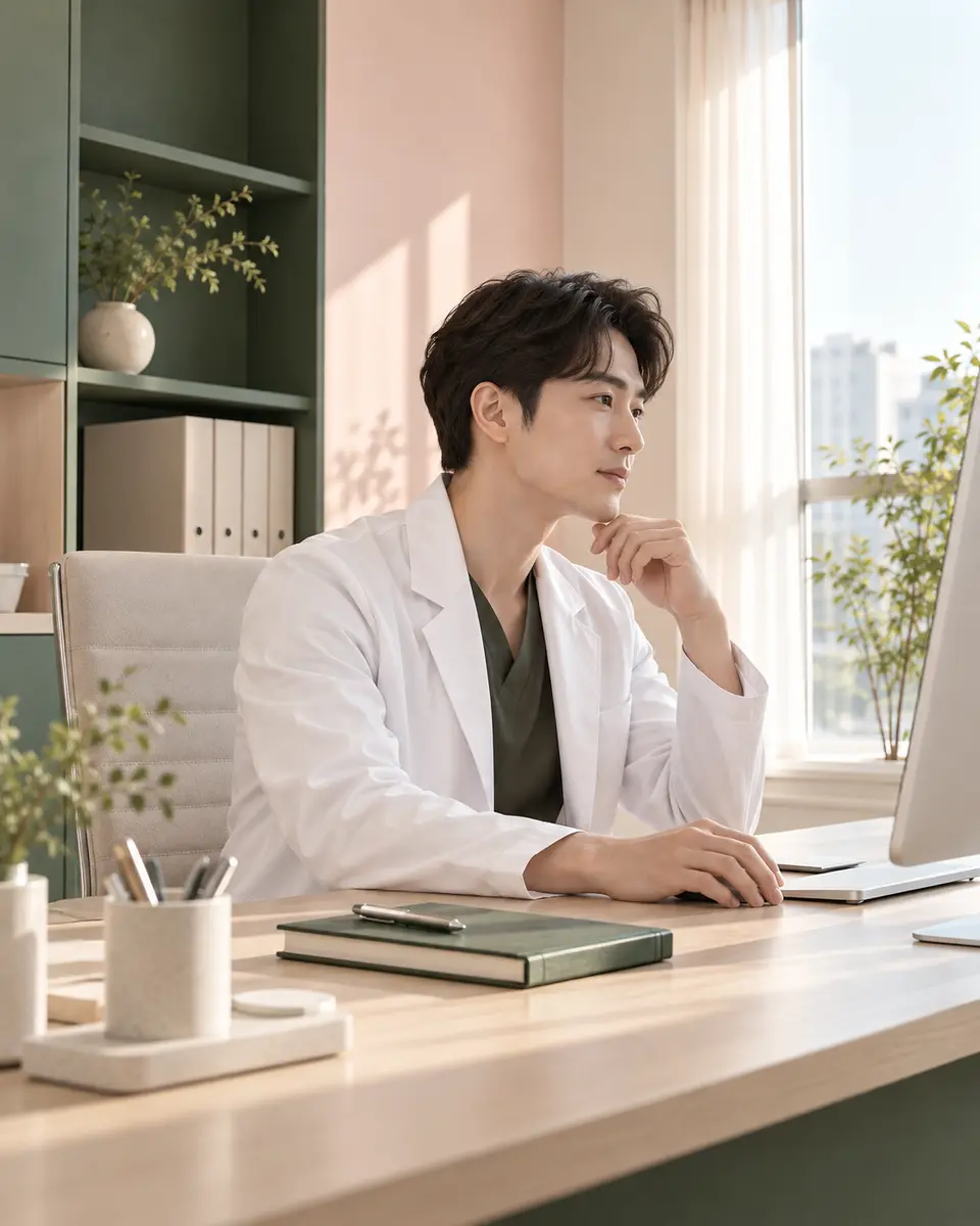 상담실 책상에 앉은 문하율 원장(가상 인물)