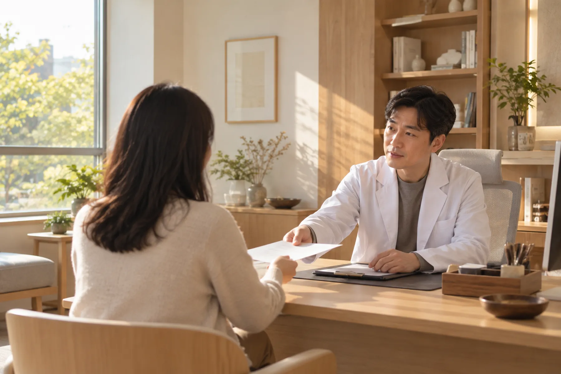 상담실에서 한의사가 책상 건너편 환자에게 종이 한 장을 건네며 설명하는 모습