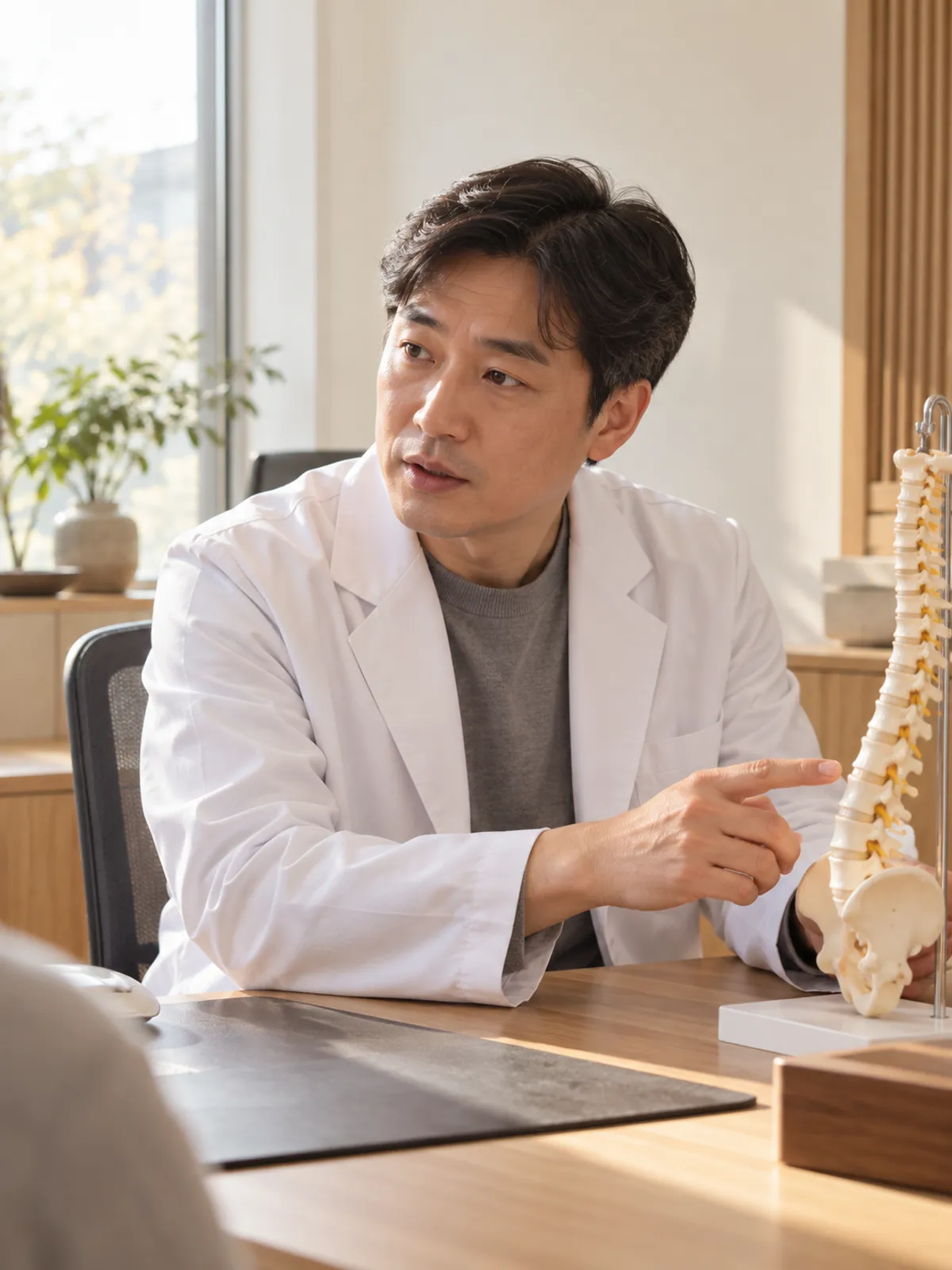 진료실 책상에 앉아 화면 밖을 보며 설명하는 40대 남성 한의사