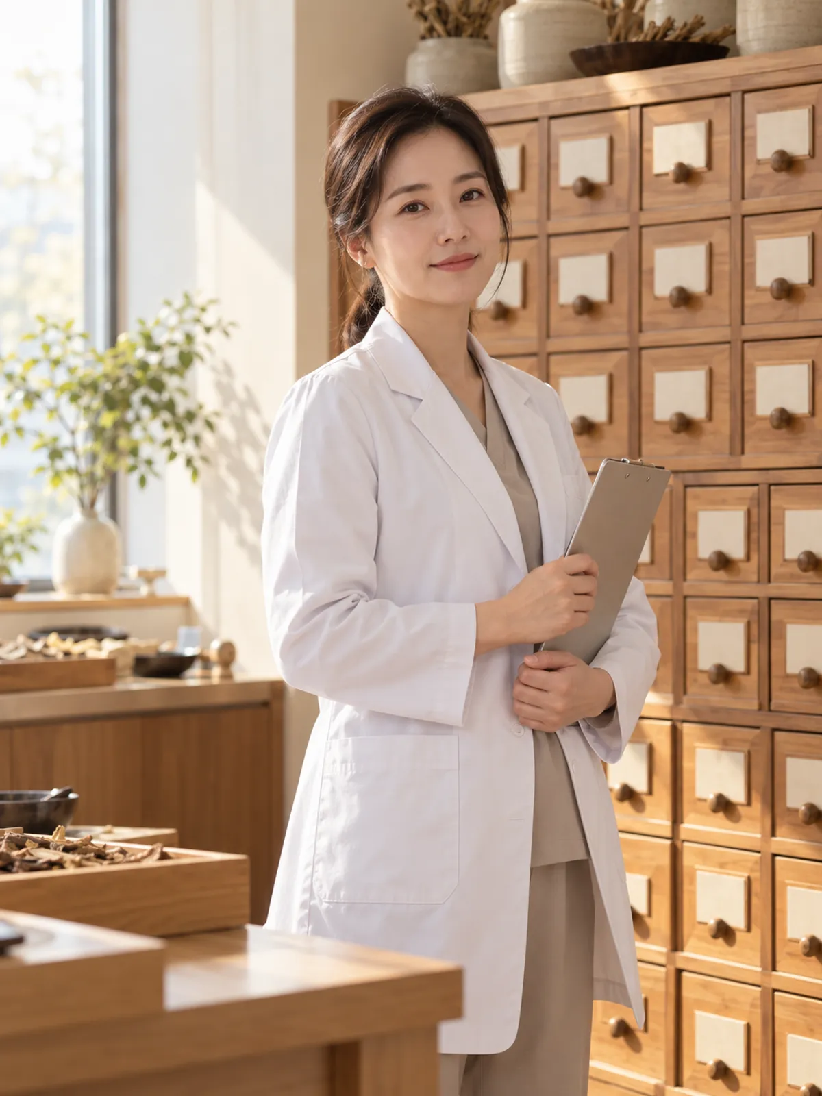 나무 약장 앞에 서서 차트판을 든 30대 여성 한의사