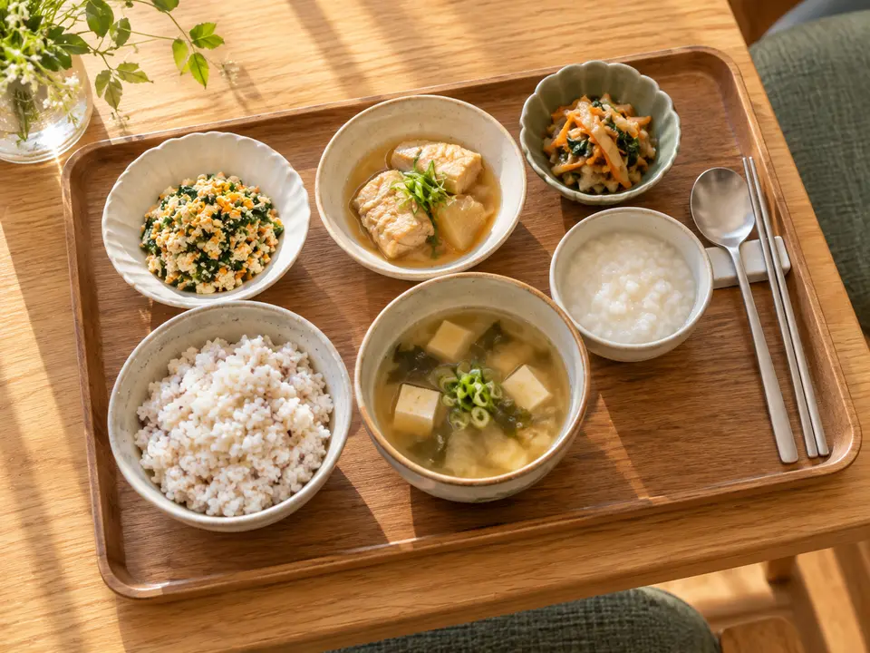 밥과 국, 반찬 세 가지와 잘게 썬 채소 반찬, 죽이 놓인 점심 식판
