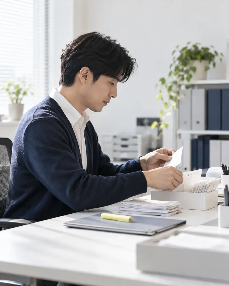책상에서 영수증을 정리하는 기장 담당 직원의 옆모습