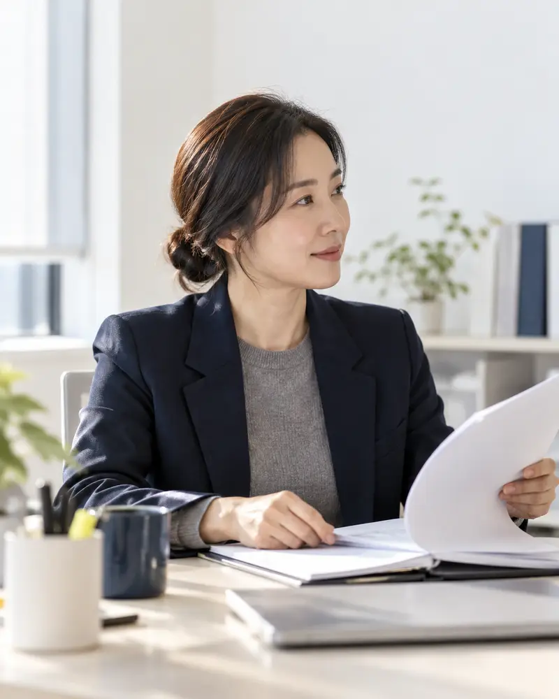 서류를 넘기며 옆을 보는 세무사